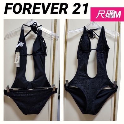 全新美國FOREVER 21(尺碼M)~黑色簍空布面連身泳裝泳衣