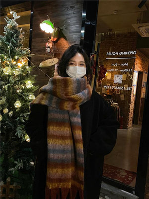 韓國復古馬海毛圍巾女冬季保暖防寒加厚披肩兩用毛茸茸百搭圍脖-Misaki精品