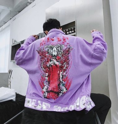 《TINO HOMME》2019春夏新款日韓版OVERSIZE刀割破壞貓鬚圖案印花寬鬆牛仔外套