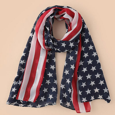 USA美國星條旗國旗五角星 歐美蓬松感時尚氣質百搭圍巾雪紡絲巾