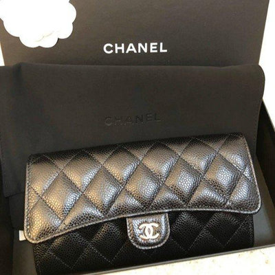 橘子精品 CHANEL A80758 經典COCO款雙C荔枝皮兩折長夾.銀扣/銀扣/黑色 發財包