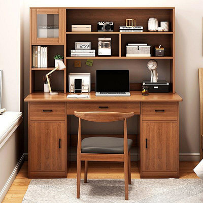 電腦桌台式家用簡約書桌書架一體臥室學生學習桌書房辦~特價