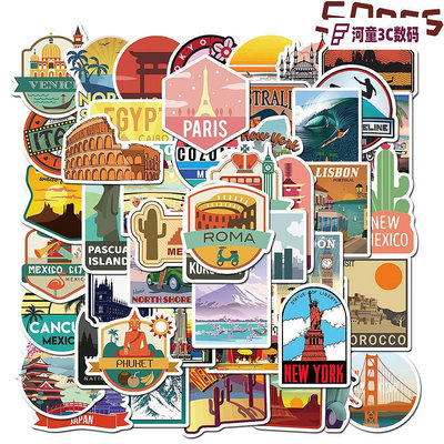 50張旅行城市地標倫敦巴黎紐約行李箱筆記本涂鴉風格電腦防【河童3C】