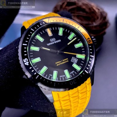 WAKMANN手錶,編號WA00029,44mm黑錶殼,黃錶帶款