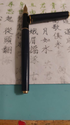 1990年三菱日本製exceed寶藍色，F尖鋼筆，真的不會拍鋼筆照，茶色牛皮比袋，555