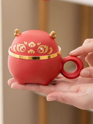 龍年陶瓷馬克杯帶蓋茶水分離杯國潮茶具泡茶水杯杯子伴手禮盒禮品-木初伽野