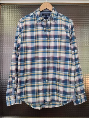 美國品牌 Tommy Hilfiger 藍色白色美式風格格紋純棉長袖休閒襯衫上衣(男)