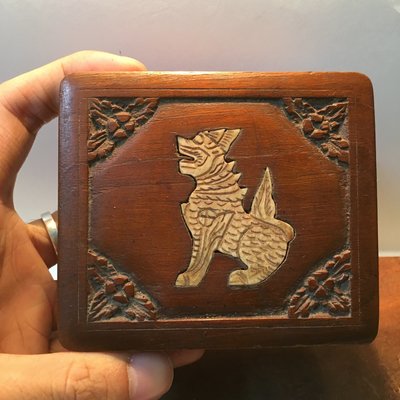 緬甸古董老件 聖物守護神 獅子 欽特 象牙製 木製寶盒