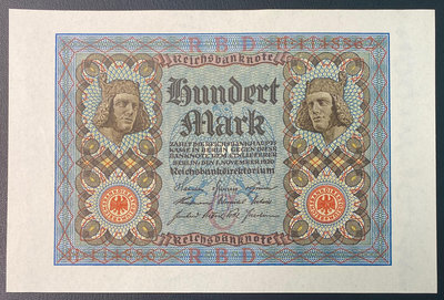【週日21:00】30~H103~1920年德國紙幣100舊馬克 品相99新.