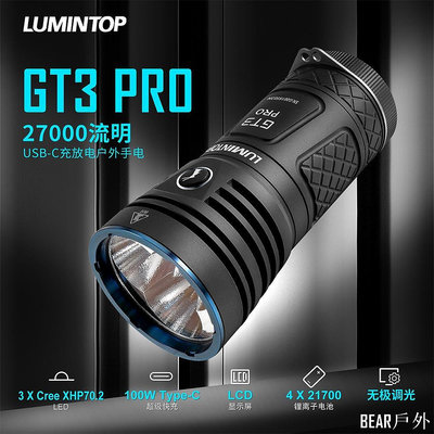 BEAR戶外聯盟Lumintop GT3 PRO 3* XHP70.2 LED手電筒支持4顆21700電池27000流明遠射707米帶T