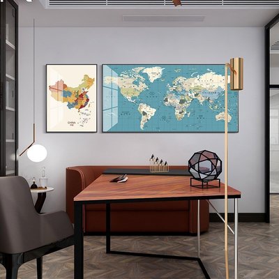 地圖世界地圖墻面裝飾畫中英文客廳現代沙發背景墻面畫書房辦公室掛畫開心購 促銷 新品