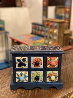 異國風印度芒果木彩繪磁磚藍色6抽櫃(木頭有彩繪)【更美歐洲傢飾精品Amazing House】台南