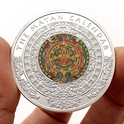 特價！瑪雅點漆龍彩繪墨西哥浮雕鍍銀紀念章 收藏幣 金字塔日晷金幣硬幣