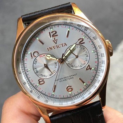 全新現貨出清價 可自取 INVICTA 6753 手錶 44mm 銀色面盤 玫瑰金錶圈 黑色皮錶帶 男錶女錶
