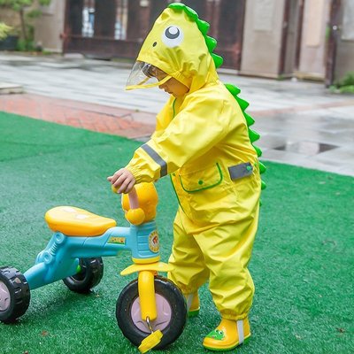 雨衣戶外游 兒童連體雨衣恐龍造型男童女童寶寶幼兒園大帽檐雨褲雨披~特價