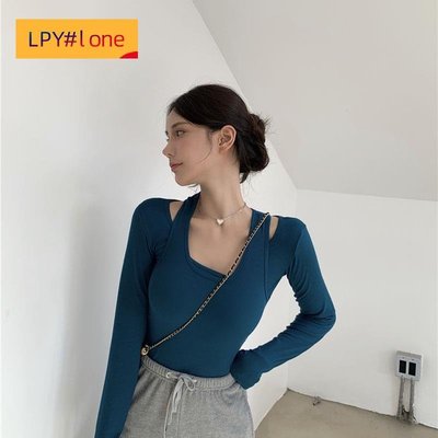 女裝 修身 復古 長袖 短的 純色 上衣 T恤 黑色【LPY#lone】