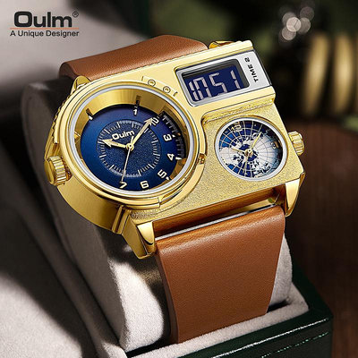 男士手錶 Oulm正品潮牌大錶盤皮帶運動休閑男士手錶跨境熱賣金色男錶5026
