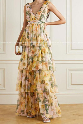 浪漫唯美歐式花卉 維納斯深領高腰層層堆疊蛋糕裙襬連身長洋裝超值-簡單女裝