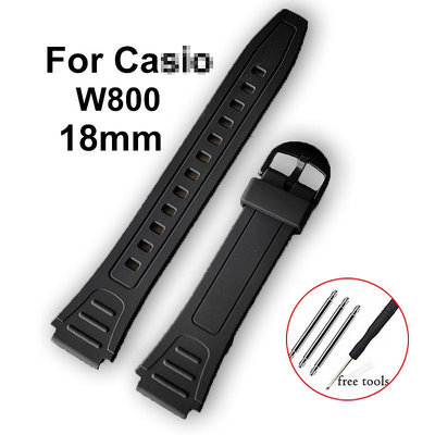 適用於卡  西歐 G-Shock W800 PU 橡膠錶帶 18 毫米女士男士手鍊矽膠軟腕帶學生錶帶黑色錶帶