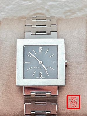 『昱閣』特價! BVLGARI寶格麗專櫃正品 27mm黑面方型不鏽鋼鍊帶腕錶