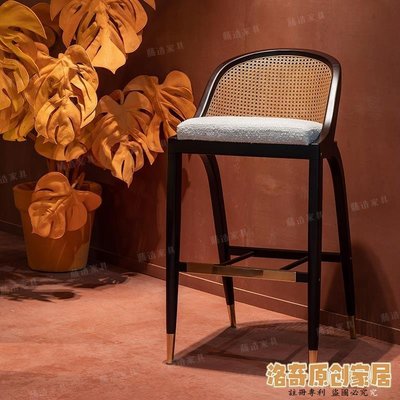 特賣-新中式吧椅實木藤編高腳吧臺椅子輕奢簡約現代凳子設計師款餐吧