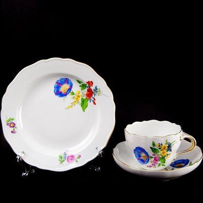 *JAZZ 棧 * 德國麥森Meissen 手繪三花大型咖啡杯盤組三件式一級典藏品