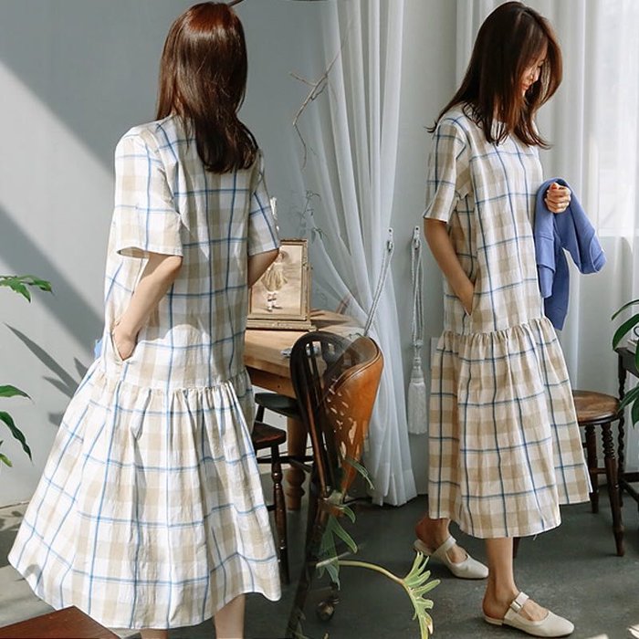 現貨❤️韓國🌵棉麻大格子休閒連身裙 sal03552 | Yahoo奇摩拍賣