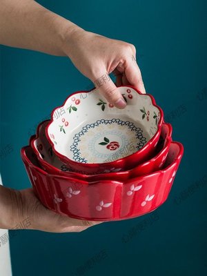 下殺-日式碗手繪櫻桃碗創意單個陶瓷碗紅色水果沙拉碗餐具甜品碗水果碗