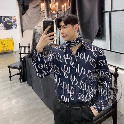 《TINO HOMME》2019春夏新款日韓版OVERSIZE滿版字母印花領結寬鬆長袖襯衫