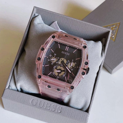 GUESS Phoenix 酒桶形黑色錶盤 粉色透明矽膠錶帶 石英 中性 女士/男士手錶 GW0203G11