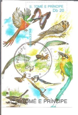 【流動郵幣世界】聖多美1989年鳥類與蝴蝶銷印票小型張