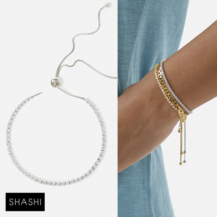 SHASHI 紐約品牌 Diamond Tennis 古典鑲鑽手鍊 可調式滑球設計 925純銀