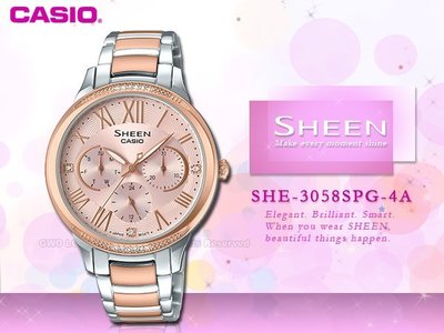 CASIO卡西歐 手錶專賣店 國隆 SHEEN SHE-3058SPG-4A 三眼指針女錶 不鏽鋼錶帶 玫瑰金 防水 新