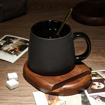 歐式陶瓷黑色啞光大容量馬克杯子簡約磨砂咖啡杯帶勺辦公室水杯