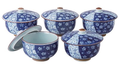 11626A 日本製造 好品質 和風梅花茶碗五入組 日式彩繪小梅煎茶蓋碗茶碗套裝陶器下午泡茶杯擺件禮品