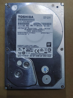 【台中阿忠電腦】中古良品 Toshiba DT01ABA200V 2TB 無警告~~550~~