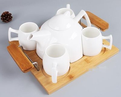 4790A 歐式陶瓷茶壺茶杯組 白瓷壺托盤一壺四杯盤套裝 陶瓷泡茶壺午茶壺茶杯竹盤花茶壺