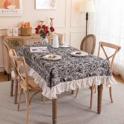 桌巾復古滌棉色織提花黑白蝴蝶褶皺荷葉邊流蘇桌布長方形茶幾臺布餐桌