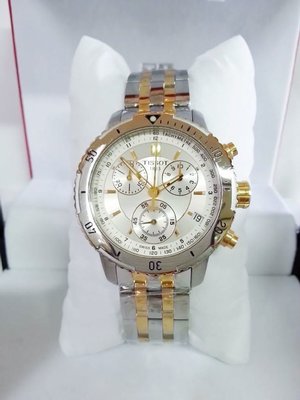 TISSOT T-Sport Prs200 銀白色面錶盤 金色配銀色不鏽鋼錶帶 石英 三眼計時 男士手錶 T0674172203100