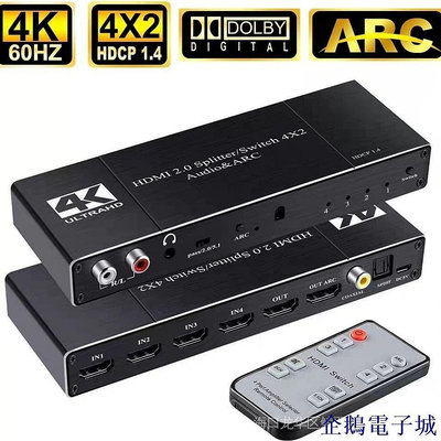 全館免運 音頻HDMI分配器4K高清四進二出分屏器轉換器ARC分離切換器二合一 可開發票