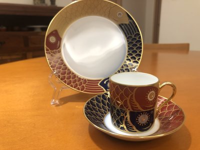 日本製 OKURA 大倉陶園 demi tasse杯 + 點心皿 鯉魚圖柄  1組/3pcs (絕版品)