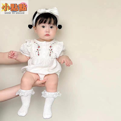 【小點點】夏季嬰幼兒衣服寶寶全棉洋氣繡花哈衣嬰兒圓領短袖包屁衣兒童短袖