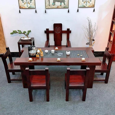 新中式實木茶臺組合家用功夫茶幾老船木茶桌椅家用一體辦公室茶臺