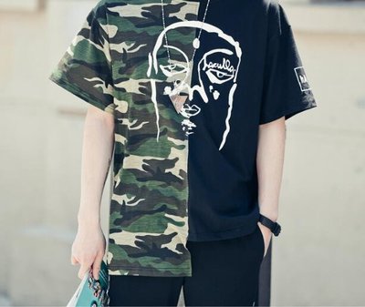 FINDSENSE MD 韓國 潮 男 嘻哈 街頭時尚 迷彩拼接頭像印花 另類 夜店DJ發型師 短袖T恤 特色短T