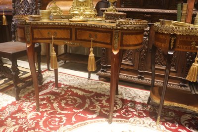 【家與收藏】稀有珍藏歐洲百年古董法國19世紀古典華麗精緻手工Inlay木拼花銅金鑲嵌寫字桌