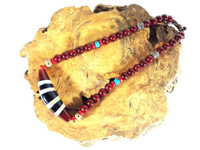 [銀九藝] 西藏天珠 7.5x2x1.7cm 牛角線珠+10mm蜜蠟項珠 頸鍊 項鍊