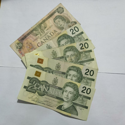 外國紙幣 加拿大20元 英女王5張 1979年1992年