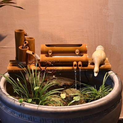 【小琳家居】漫友手辦擺件 陶瓷魚缸竹子流水過濾器循環擺件石槽圓缸增氧噴泉風水輪水車造景