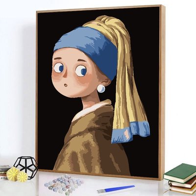 【熱賣下殺】diy數字油畫手工畫畫名畫可愛女孩戴珍珠耳環的少女填充填色油彩