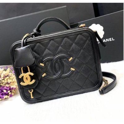 【日本二手】Chanel Vanity Case A93343 全黑色 荔枝皮 化妝盒 中款21CM